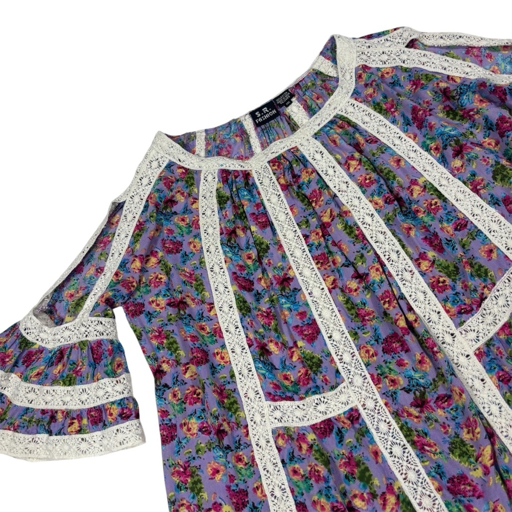 Fairy Floral Women Top M Boho Chic Hippie Cold‎ Shoulder Sleeve Whimsical